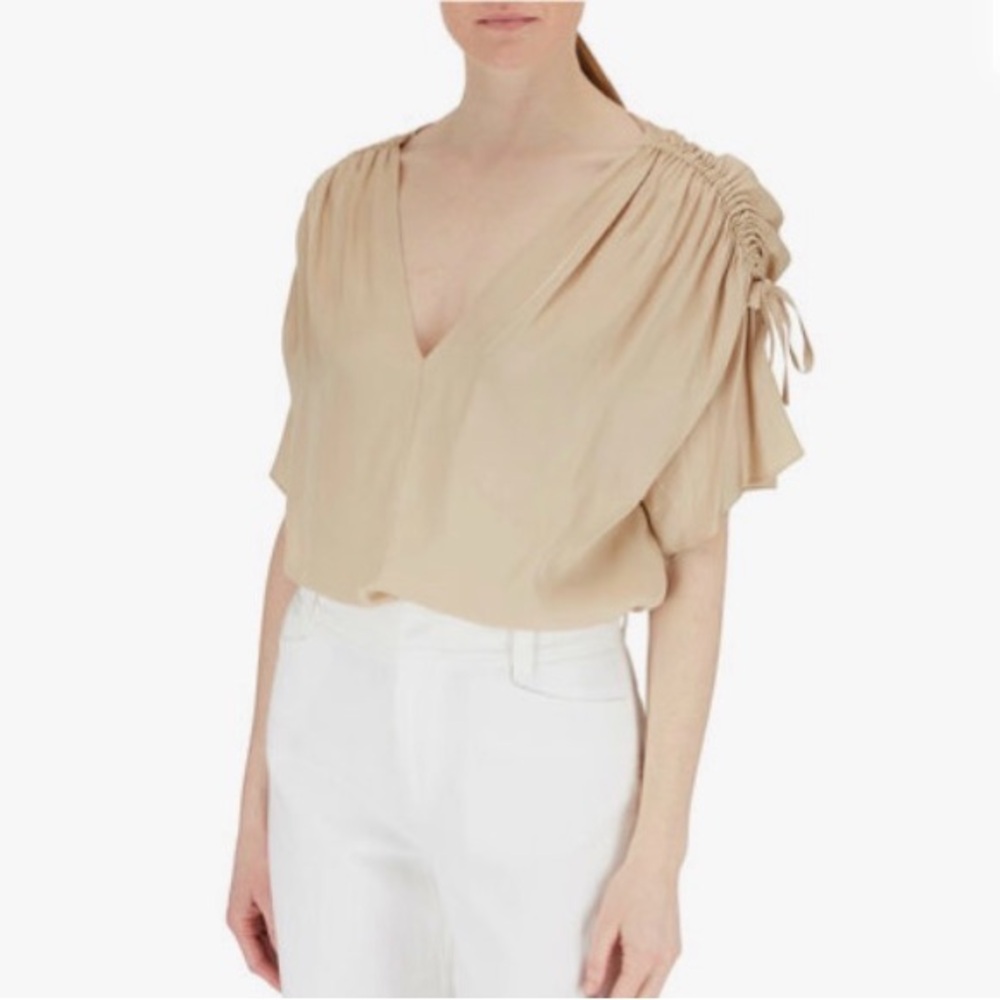 VINCE Silk Blend Ruched Flutter Sleeve Blouse Medium Champagne Beige EUC